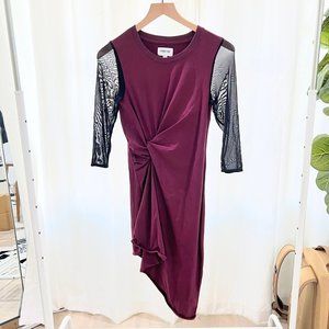 Hyden Yoo Stretchy Cocktail Dress Mesh Sleeves - Burgundy Black Colorway